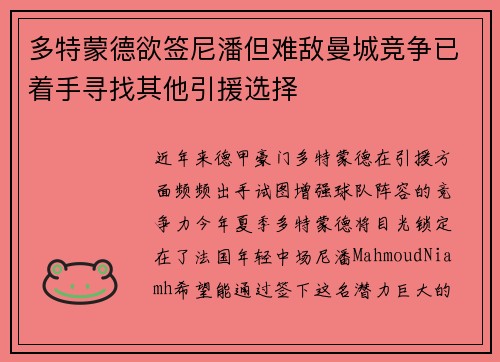 多特蒙德欲签尼潘但难敌曼城竞争已着手寻找其他引援选择