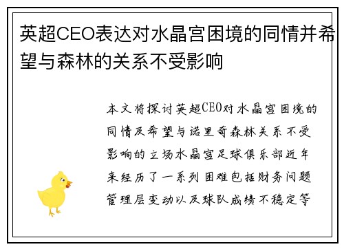 英超CEO表达对水晶宫困境的同情并希望与森林的关系不受影响