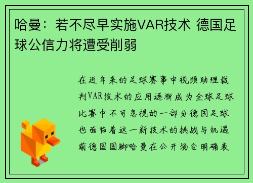 哈曼：若不尽早实施VAR技术 德国足球公信力将遭受削弱